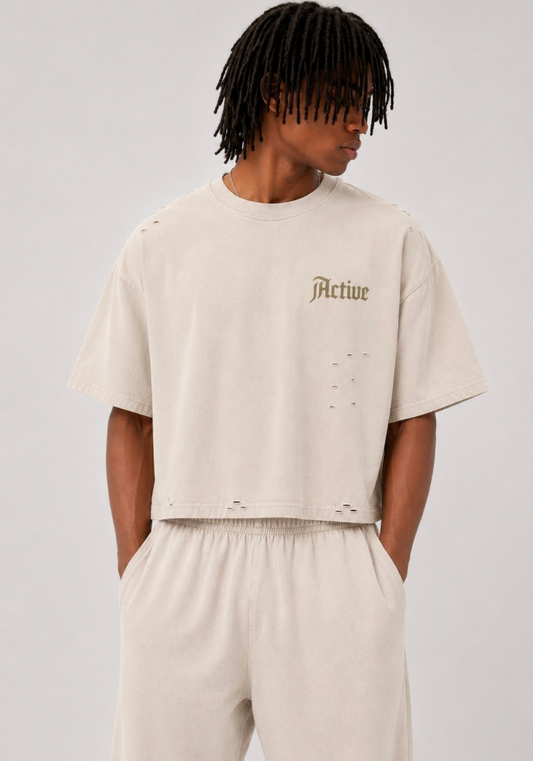 Active Frayed Boxy Tee-Apricot