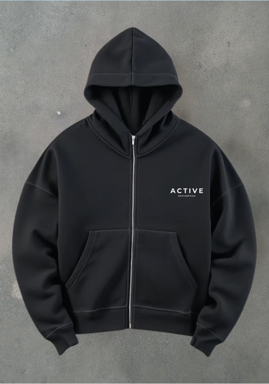 Active High-Neck Zip Hoodie-Black