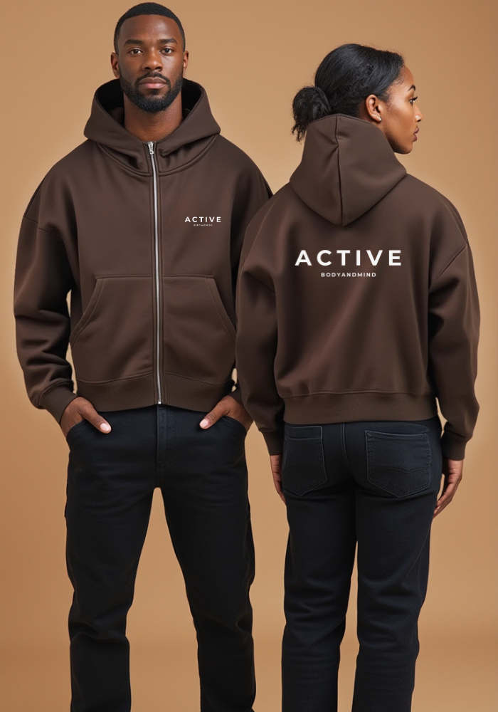 Active High-Neck Zip Hoodie-Brown