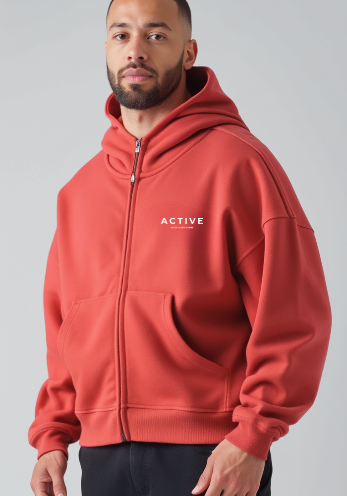 Active High-Neck Zip Hoodie-Red