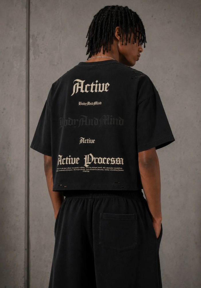 Active Frayed Boxy Tee-Black