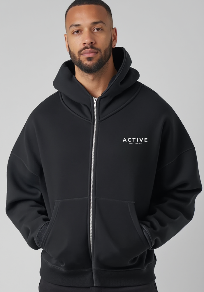 Active High-Neck Zip Hoodie-Black