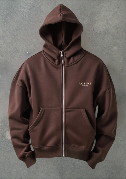 Active High-Neck Zip Hoodie-Brown