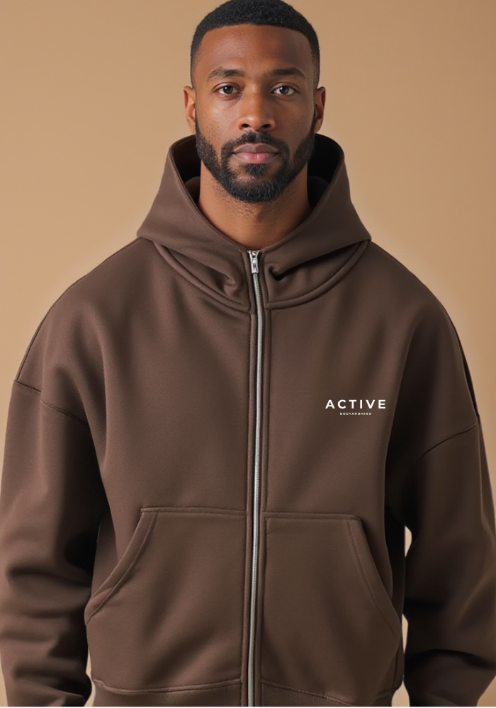 Active High-Neck Zip Hoodie-Brown
