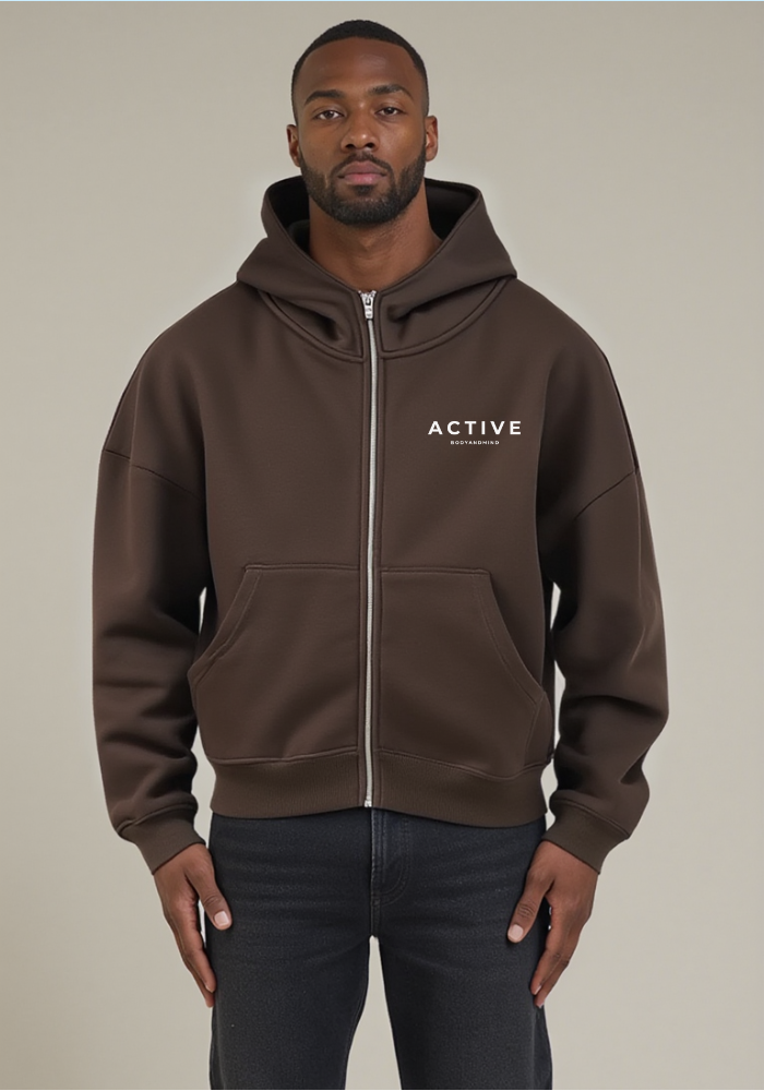 Active High-Neck Zip Hoodie-Brown