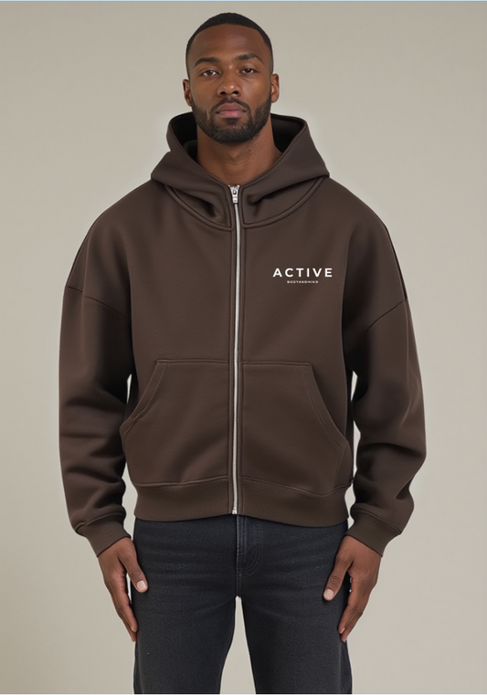Active High-Neck Zip Hoodie-Brown