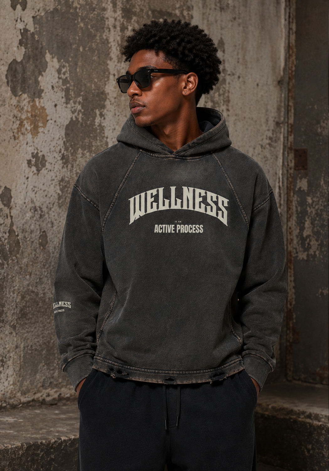 Wellness Vintage Frayed-Hem Hoodie
