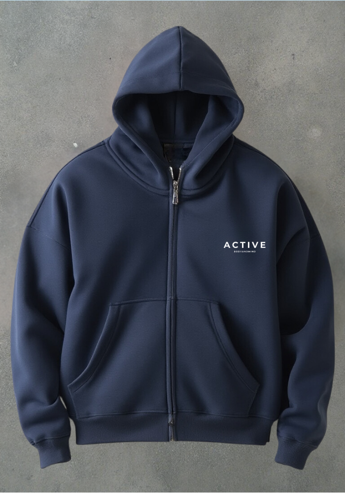 Active High-Neck Zip Hoodie-Navy