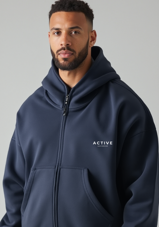 Active High-Neck Zip Hoodie-Navy