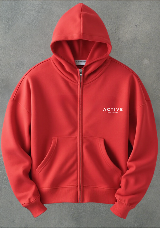 Active High-Neck Zip Hoodie-Red