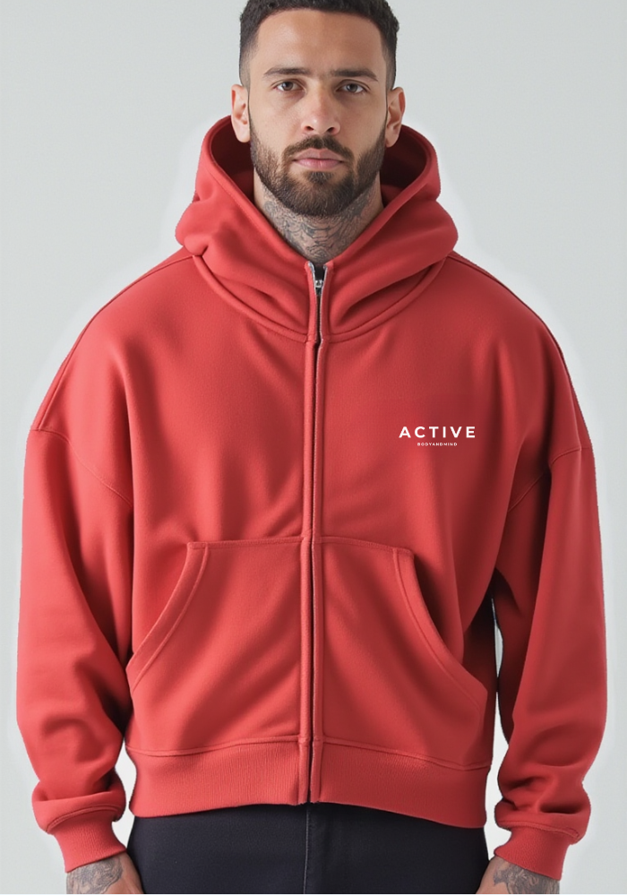 Active High-Neck Zip Hoodie-Red