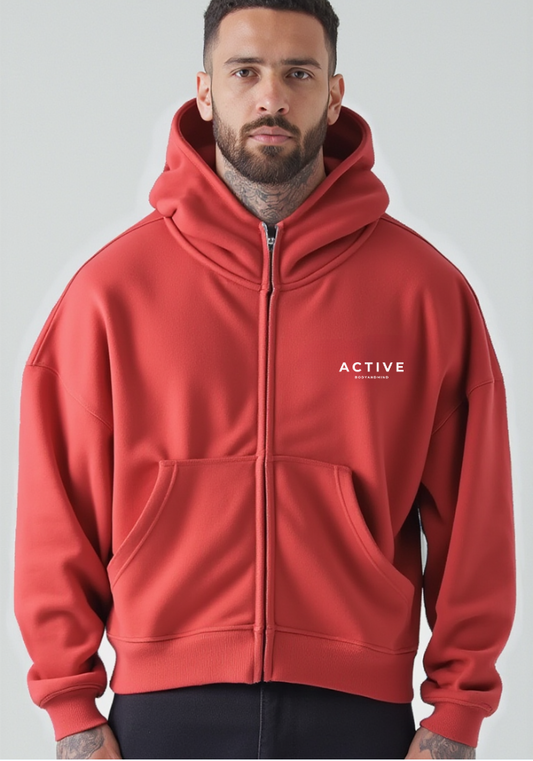Active High-Neck Zip Hoodie-Red
