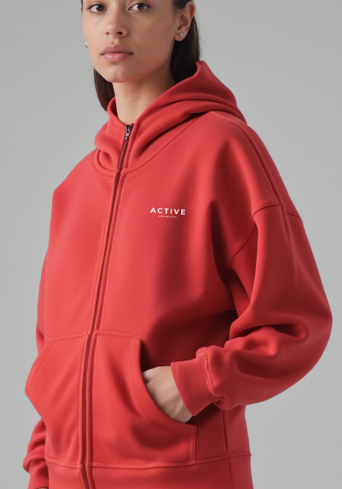 Active High-Neck Zip Hoodie-Red